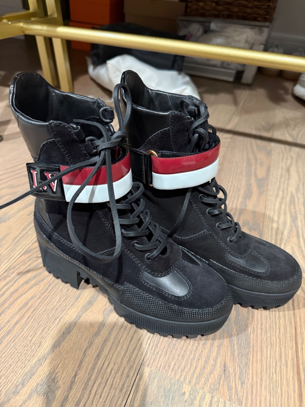 Louis Vuitton Black Lace-Up Platform Combat Boots with Red & White Accent